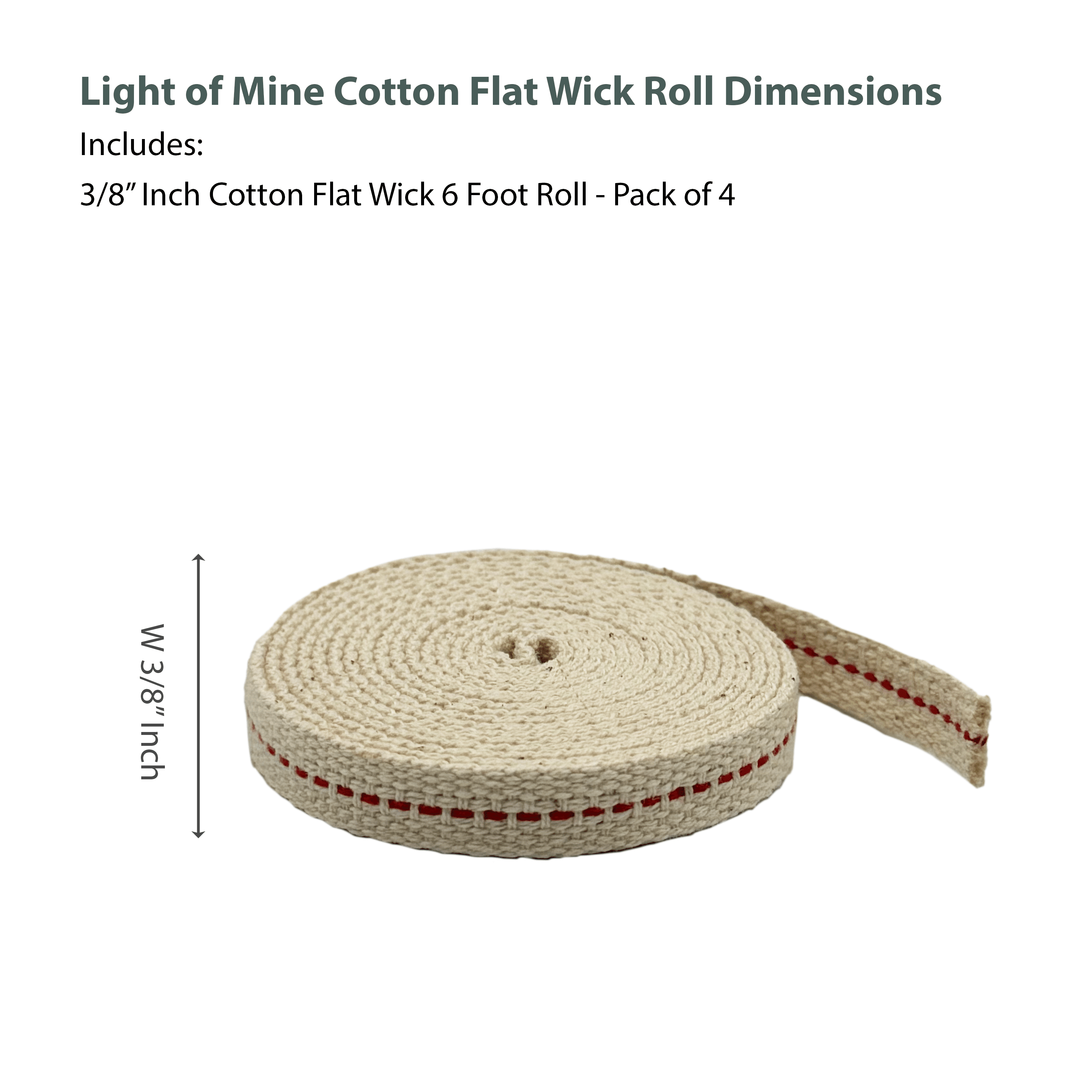 Light Of Mine 3/8" Inch 100% Cotton Flat Wick 6 Foot Roll for Paraffin Oil or Kerosene Based Lanterns and Oil Lamps with Genuine Red Stitch - Pack 4