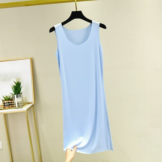 Camisón largo de poliéster para mujer, sin mangas, cuello redondo, color liso, holgado, para el hogar