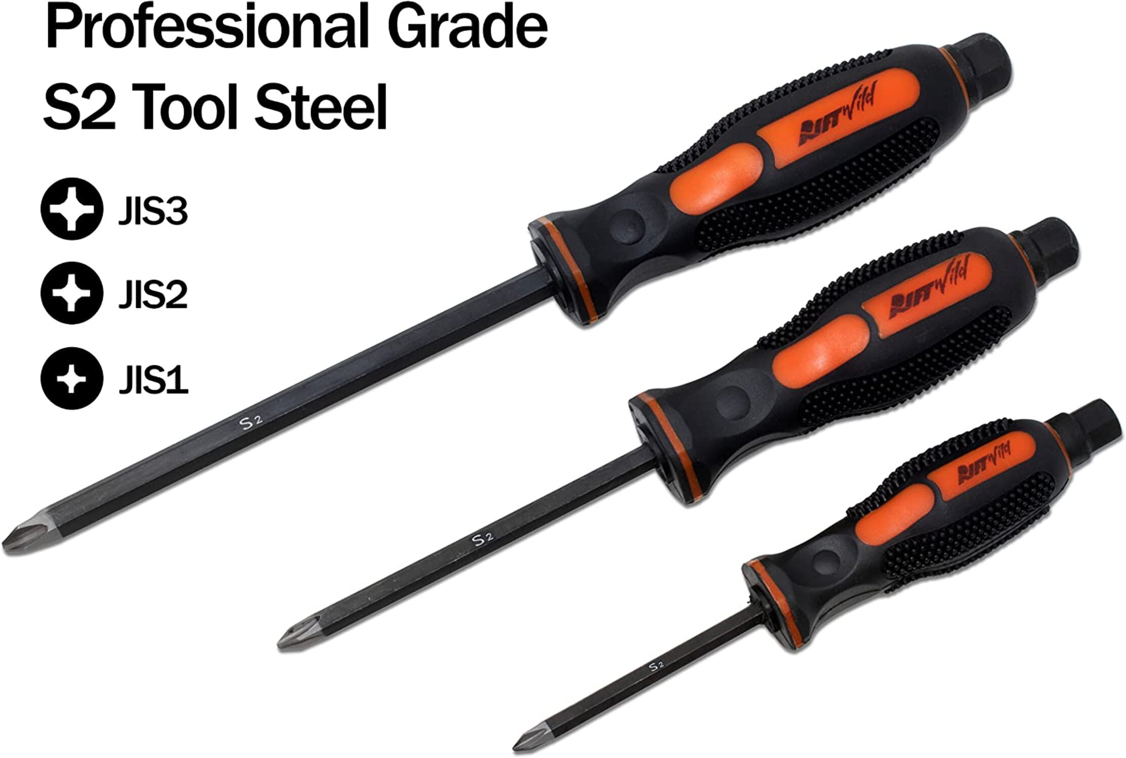 RW 0059-011 RiftWild Professional JIS #1#2#3 Screwdrivers (Japanese  Standard) S2 Tool Steel Screwdrivers (Set of 3) Small Medium Large Metric Full Tang Solid Shaft Screw Driver