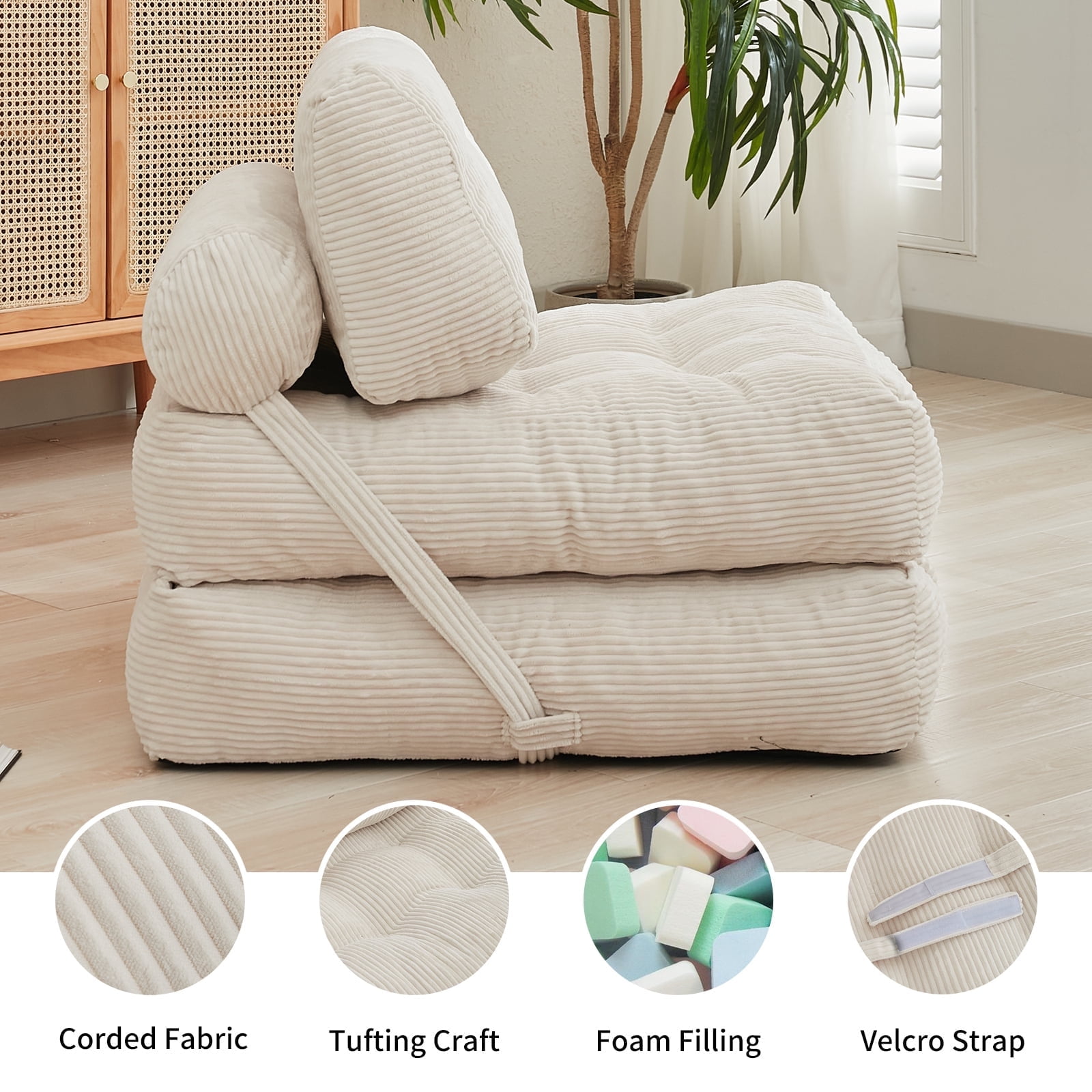 BALUS Folding Sofa Bed, Convertible Couch Sleeper,Fold Out Couch Bed,Floor Couch with Foam for Living Room/Bedroom, 32"W Beige