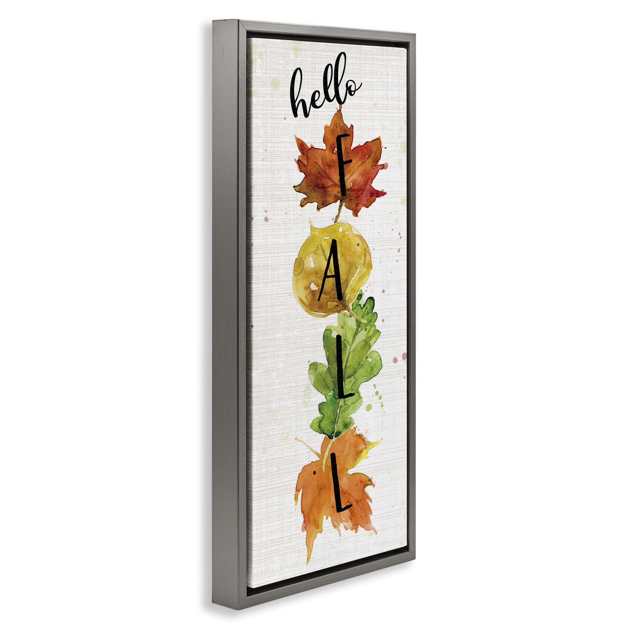 Stupell Industries Hello Fall Autumn Greeting Botanical & Floral Painting Gray Floater Framed Canvas Art Print Wall Art, 15 x 31