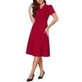 thumbnail image 4 of INSPIRE CHIC Work Dresses for Women Midi Length Button Decro Short Sleeve V Neck A-Line Business Casual Dresses XL Wine Red, 4 of 6