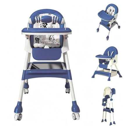 4-in-1 Foldable Baby High Chair, Adjustable Height Toddler Feeding Chair with Lockable Wheels, Removable Tray & Detachable PU Cushion, Blue