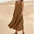 thumbnail image 2 of Vestido largo sin mangas de lino para mujer: vestido informal con cuello redondo y bolsillos, poliéster/spandex, tallas S-XXL., 2 of 6