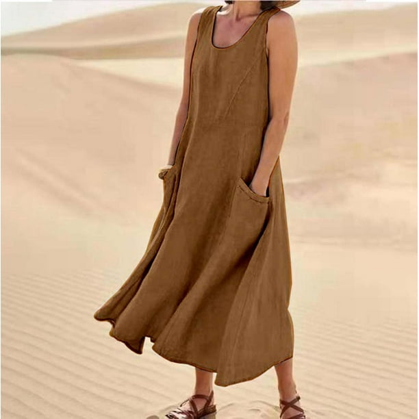 WILLBEST Vestidos De Verano Vestido Largo Informal De Lino De Color Liso Sin Mangas Con Cuello Redondo Y Bolsillos Para Mujer