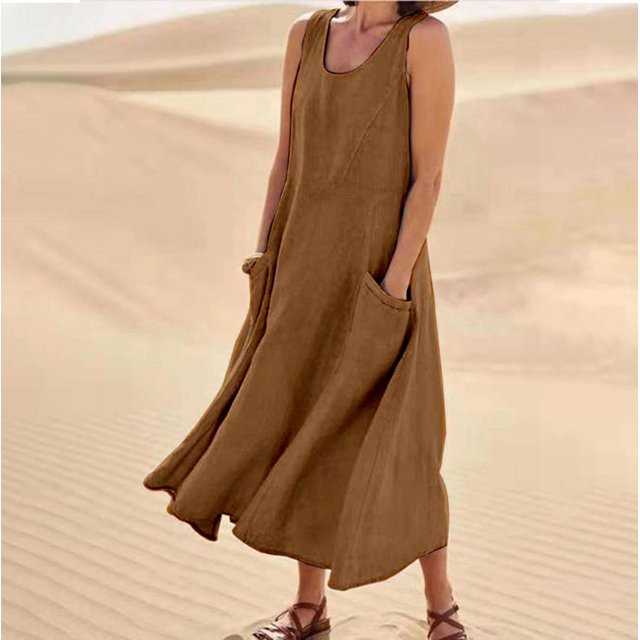 WILLBEST Vestidos De Verano Vestido Largo Informal De Lino De Color Liso Sin Mangas Con Cuello Redondo Y Bolsillos Para Mujer