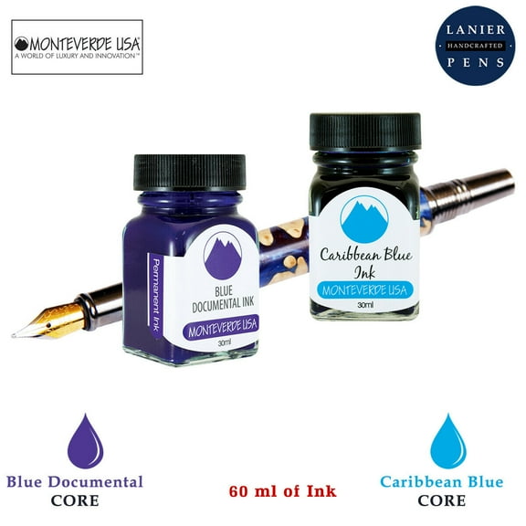 Monteverde 60ml Core Fountain Pen Ink Bottle (30ml Blue Documental Ink Bottle G309DU, 30ml Caribbean Blue Ink Bottle G309CU)