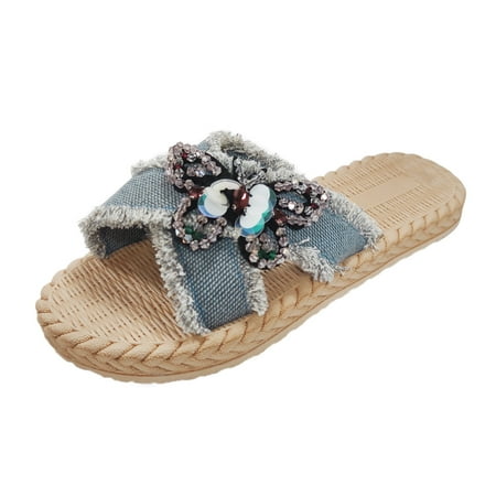 

lystmrge Leopard Print Womens Sandals 3 Strap Sandals Women Cork Wedge Sandals Women Women Linen Flat Heel Sandals Fashion Summer Sandals Denim Cross Women Beach With Sequins Sandals