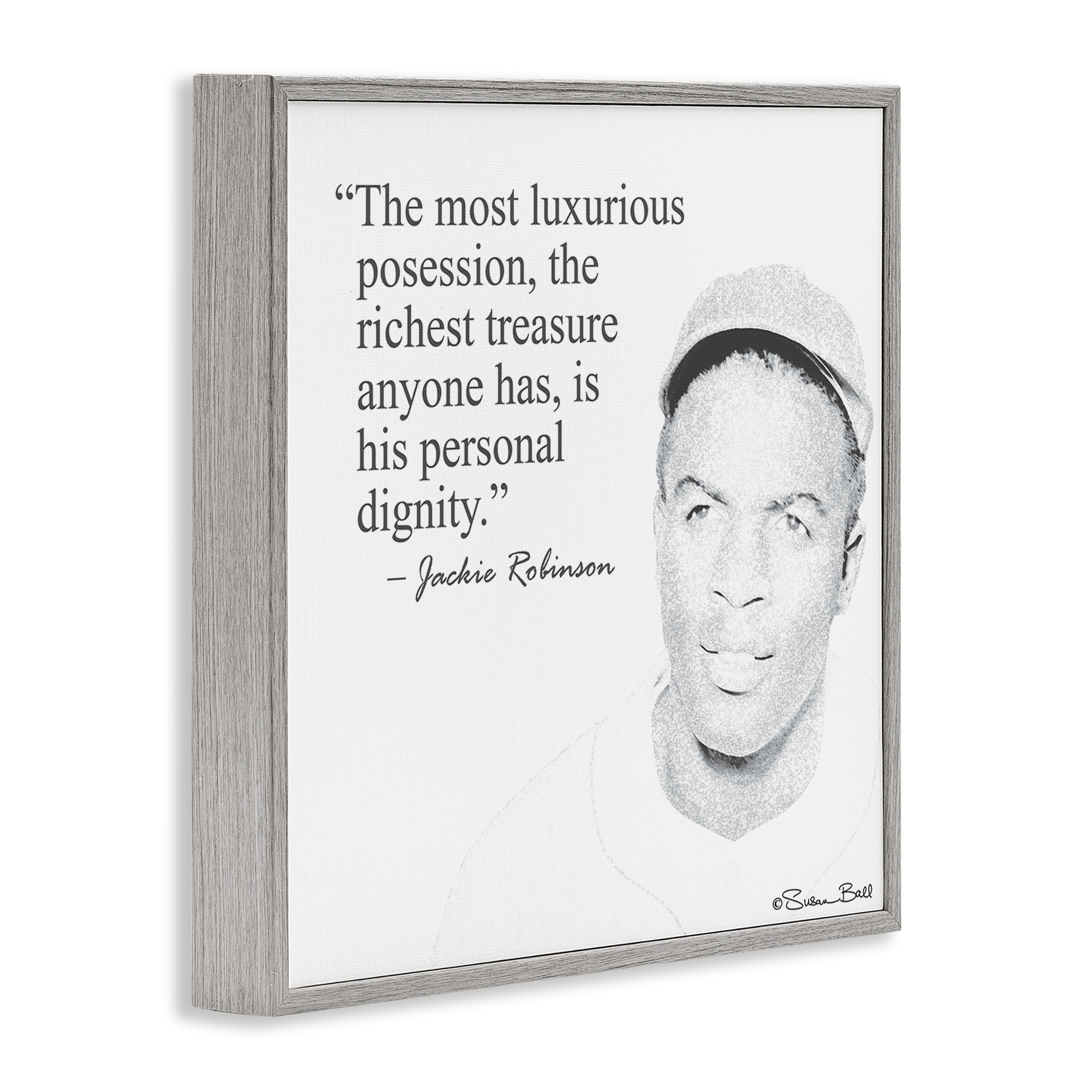 Stupell Industries Personal Dignity Jackie Robinson Quote Black and White Inspirational Painting Gray Framed Art Print Wall Art, 17 x 17