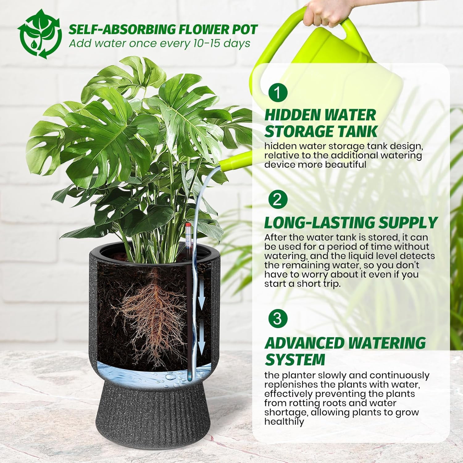 Riedhoff 14.2" Planters Pots Set of 2, with Inner Bucket & Water Level Monitor, Marble Black