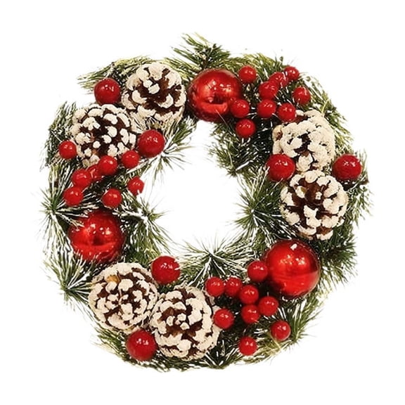 2026 Christmas Home Party Decoration Christmas Decorative Wreath With Red Berries Snow Dusted Pinecones And Flowers Christmas Celebration Party Supplies
