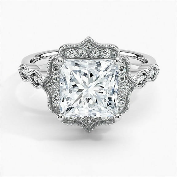 Dash Jewel Excellent 2 Ct Princess Cut Diamond Ring - Vintage Halo Diamond Rings for Women's -Silver 14K White Gold Plated Rings - Milgrain Diamond Rings - Solitaire With Accent Diamond Rings