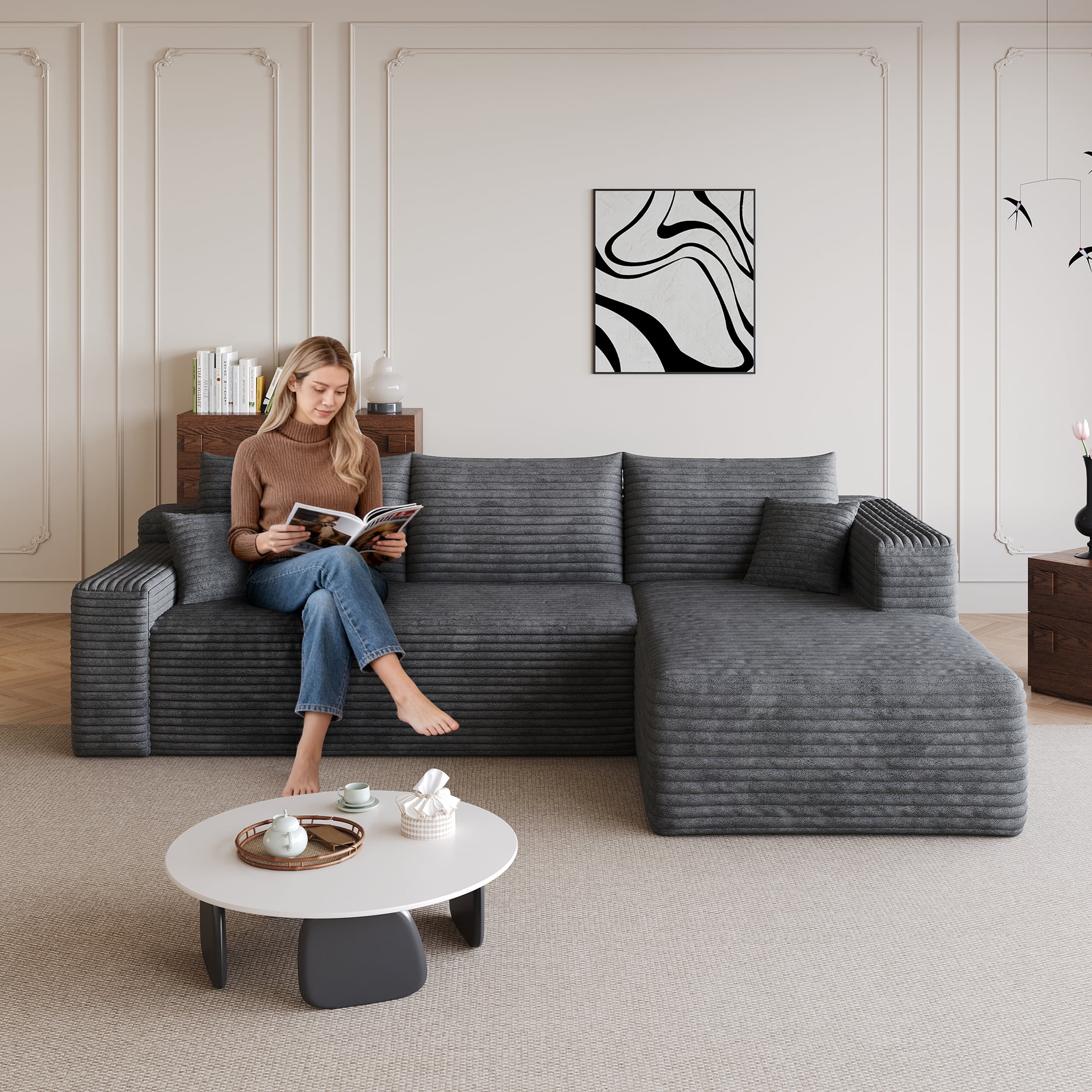Leumius Modular Sectional Sofa,Oversized L-Shape Cloud Couch,Modern Corduroy Upholstered Couches for Living Room,No Assembly Required,Dark Gray(Right Facing Chaise)
