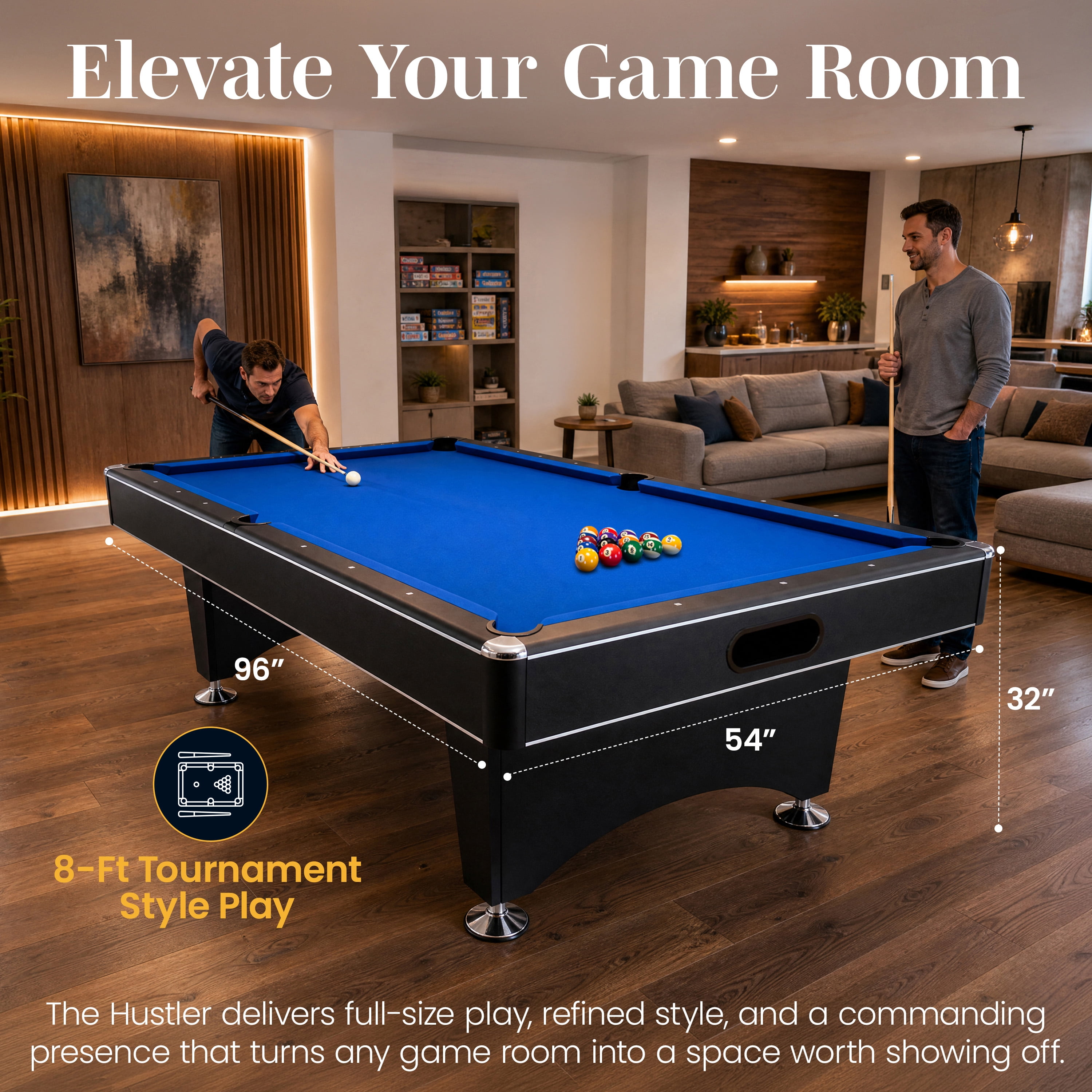 Hathaway Hustler 8ft Pool Table for Game Room – Billiard Table with Poly-Coated Playfield, Ball Return System, Leg Levelers – Includes Cues, Pool Balls, Chalk, Triangle, Brush – Black & Blue