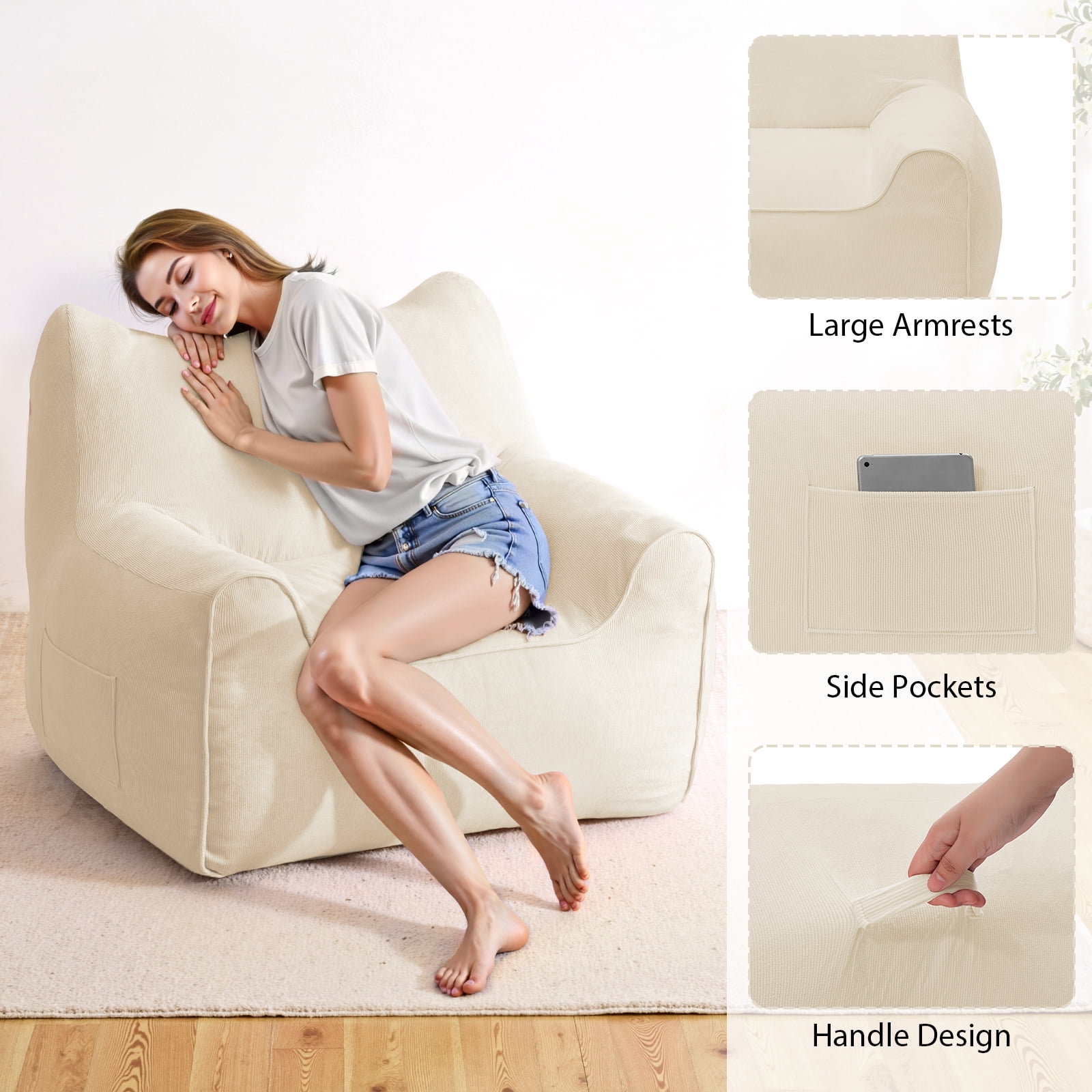 Lusimo Bean Bag Chair for Adults Teens, 3FT Lazy Memory Foam Bean Bag Sofa for Bedrooms, Cat-Ear Design Couch with Corduroy Washable Cover, Lounge Chairs with Pocket for Gaming, Reading, Beige