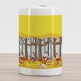 thumbnail image 2 of Bike Ceramic Toothbrush Holder, Cartoon Graphic of People Riding Bicycles in Abstract Woodland Illustration, Decorative Versatile Countertop for Bathroom, 4.5" X 2.7", Yellow and Multicolor, 2 of 4