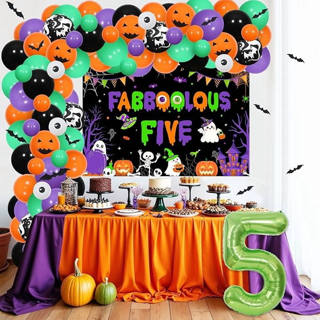 Halloween 5th Birthday Decorations Boy Girl - Orange Green Purple Halloween Balloons Garland Arch Kit with Fabboolous Five Backdrop, Bat Wall Stickers, Number 5 Balloon