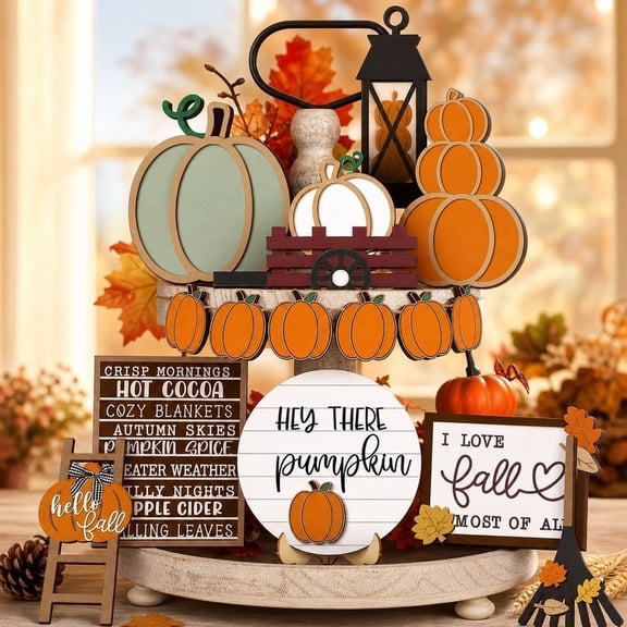 Fall Tiered Tray Decor Set, Thanksgiving Decorations Rustics Farmhouse FallDecors, Autumn Harvests Wooden Tabletop Signs for Kitchen Home Decor