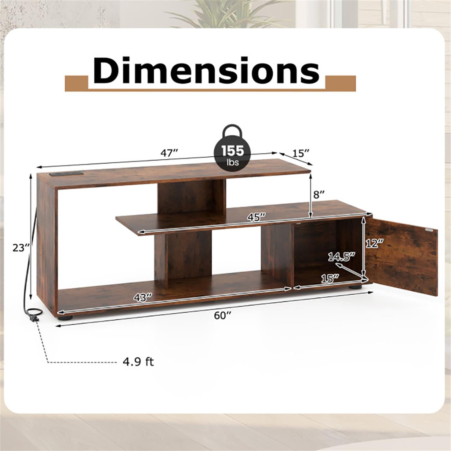 Demi Bonn TV Stand for 60" TVs, Entertainment Center with Power Outlet, Modern Media TV Console Table for Living Room Bedroom, Brown
