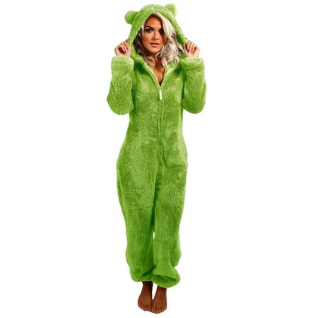 

Binhe Clearance Women’s Hooded Pajamas Jumpsuit Zipper Front Long Sleeve Loose Fit Romper with Cute Ears Fleece-Lined for Extra Warmth Perfect for Winter Loungewear or Sleep