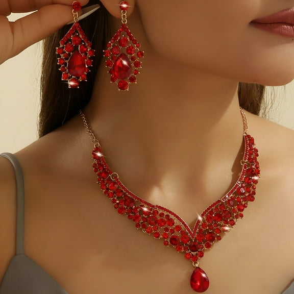 DESIGNICE 1 Set Necklace Earrings Set Rhinestone Necklace Earrings Prom Wedding Party Bride Symmetric Dangle Earrings Formal Occasions Neck Jewelry Set Red