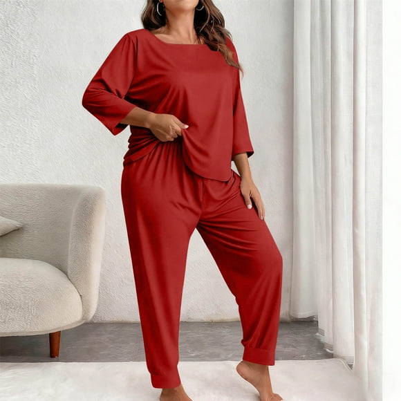 Pincandy Women's Plus Size Pajama Set - Crew Neck 3/4 Sleeve Top & Pants, Casual & Comfortable for Homewear
