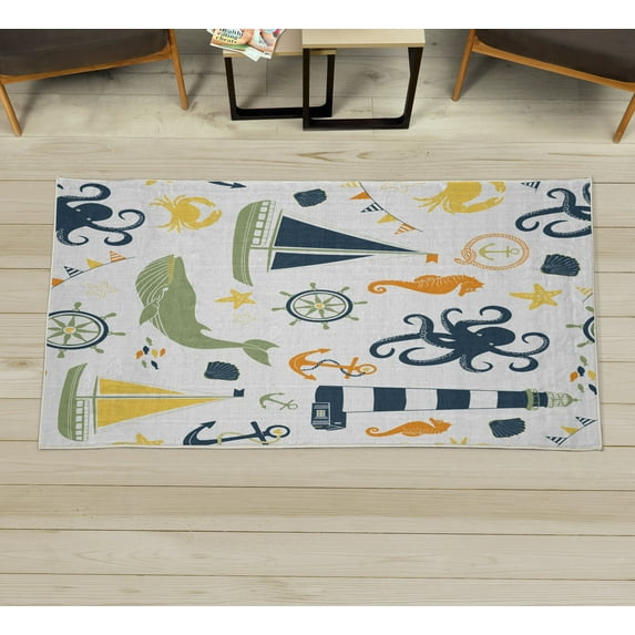 Nautical Decorative Rug, Pastel Colored Composition of Lighthouse Sailboat Fish Shells Octopus, Quality Carpet for Bedroom Dorm and Living Room, 6 Sizes, Night Blue and Orange, by Ambesonne