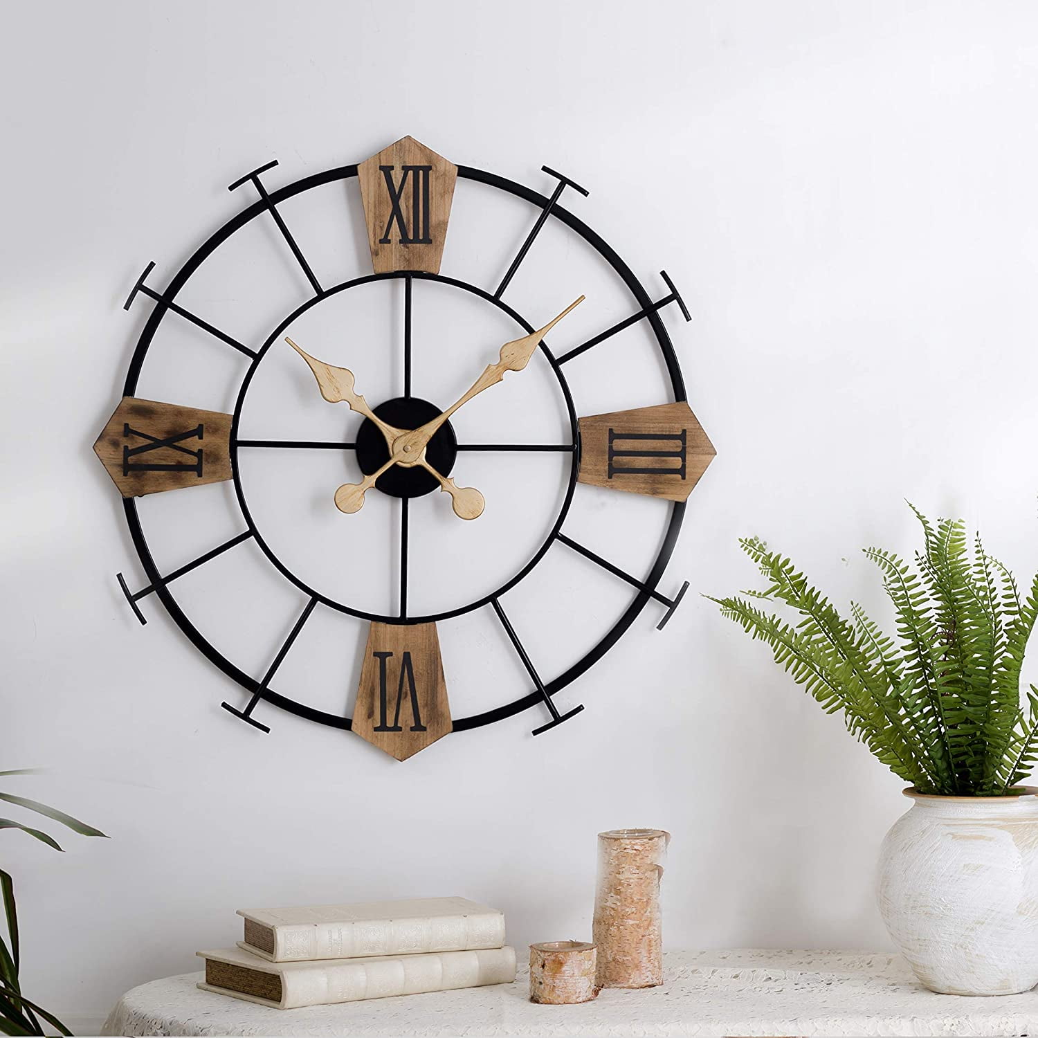Black Large Decorative Wall Clock， iron and wood 22" inch Noiseless