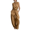thumbnail image 2 of Women's Sleeveless Jumpsuit, Summer Solid Color With Round Neck & Zipper, Casual One-Piece For Minimalist Style Khaki XL, 2 of 5