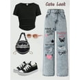 thumbnail image 2 of OYYN Girls' Printed Wide Leg Jeans Casual 7-14Y Y2K Style Distressed Denim Trousers Streetwear, 2 of 6
