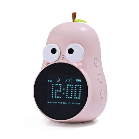 Alarm Clock for Kids Cute Pear Design, Snooze, Triple Alarms, 5 Ringtones- Digital Wake Up Clock Rechargeable Pink