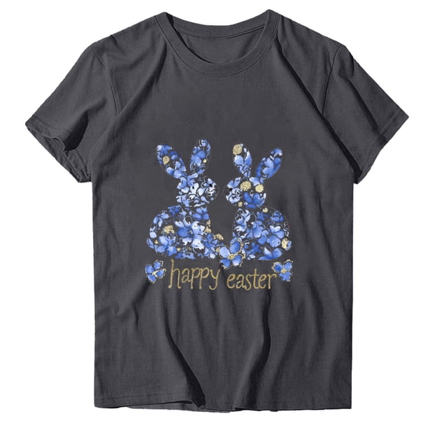 Camisetas de Manga Larga de las Mujeres Estampado de Pascua Cuello Redondo Suelto Casual Blusa Primavera Verano Top
