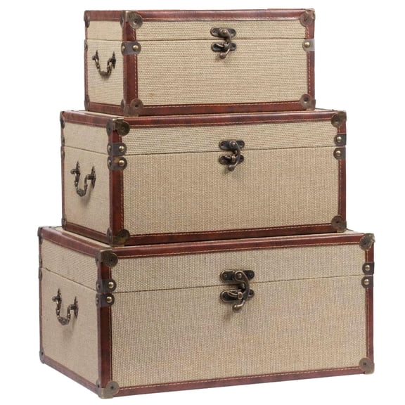 MODE HOME Farmhouse Decorative Storage Trunks Set of 3 Linen and Wood Boho Vintage Boxes with Metal Handles and Clasp, Rustic Wooden Keepsake Chests for Living Room, Entryway & Bedroom Organization