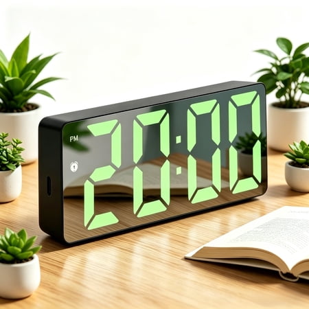 Digital Alarm Clock with Large LED Display, Mirror Surface Electric Desk Clock with Snooze and 12/24H, Modern Bedside Clock for Bedroom