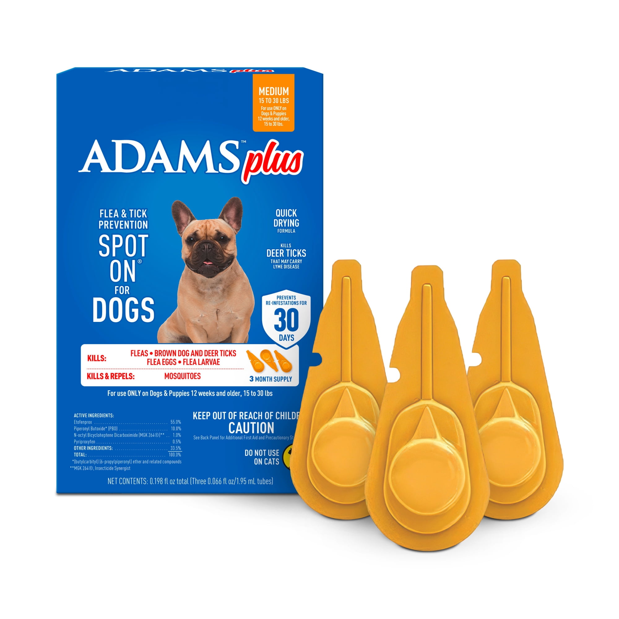 ADAMS Plus Flea & Tick Prevention Spot On for Dogs, Medium Dogs, Kills Fleas & Ticks (Brown Dog/Deer Ticks), Kills and Repels Mosquitoes, Prevents Flea Infestations, 3-Month Supply, 3 pack