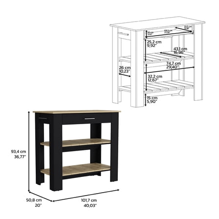 Newboti Furniture Kitchen Island 40 Inches Dozza, Two Shelves, Black Wengue / Light Oak Finish 41331