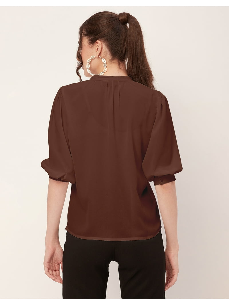 Moomaya Solid Puff Sleeve Tops, Band Collar, Semi-Formal