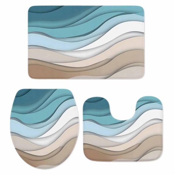 Turquoise Brown Bath Mat 3 Piece Bathroom Rug Set, Teal White Geometric Gradient Stripes Non Slip Bath Rug Contour Mat and Toilet Lid Cover, Absorbent Shower Mats Soft Bath Rugs and Mats Sets