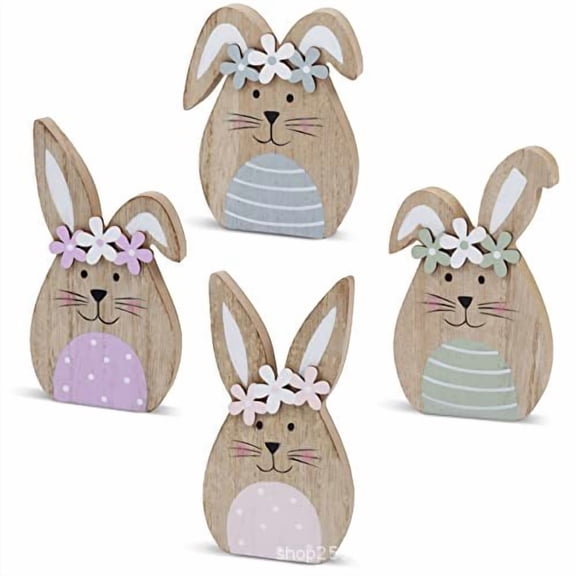Easter Wooden Tabletop Decorations Easter Bunny Eggs Wood Desktop Centerpieces Spring Table Decorations Wood Bunnies ornaments for Easter Party Table Home Decor