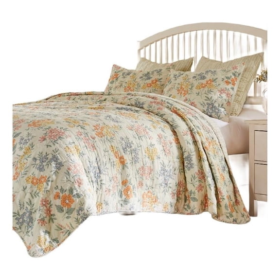 Loso 2pc Twin Size Quilt Set, Soft White Floral Pattern, Reversible