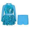 thumbnail image 2 of IBTOM CASTLE Girls Sparkle Sequins Dance Outfit Kids Latin Hip Hop Jazz Dancewear Mesh Long Sleeve Glitter Dress with Shorts Set 湖蓝色, 2 of 7