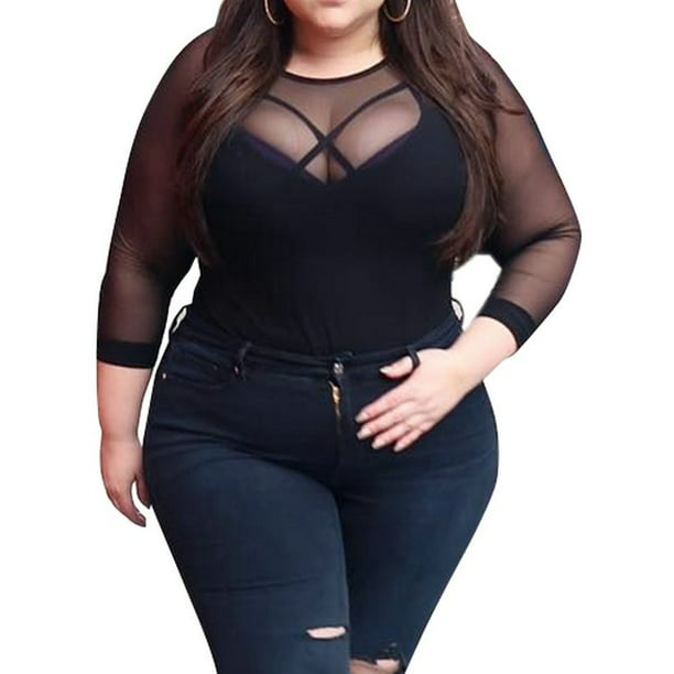 Rindende Universitet Slumber LAPA Women's Plus Size Sexy See Through Long Sleeve Tops - Walmart.com