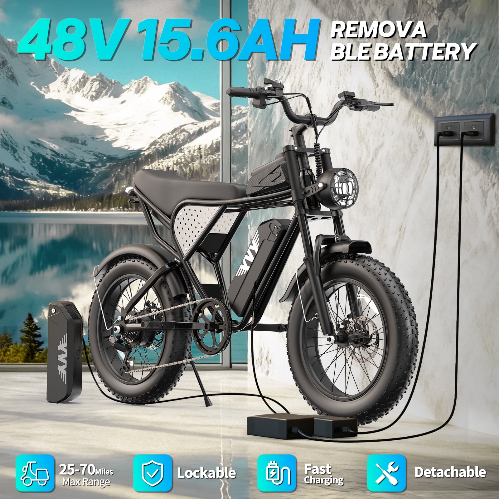 Peak 1000W Electric Bike for Adults,Up to 70Miles,48V 15.6AH Removable Battery, 7 Speed Mountain Bike ,20'' Fat Tire Electric Bicycle UL2849