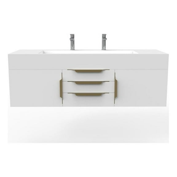Nile 60" White Wood Floating Vanity with White Top and Gold Trim