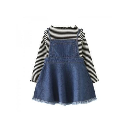 VICOODA 2Pcs Toddler Baby Girls Long Sleeve Striped Tops + Denim Suspender Skirt Dress