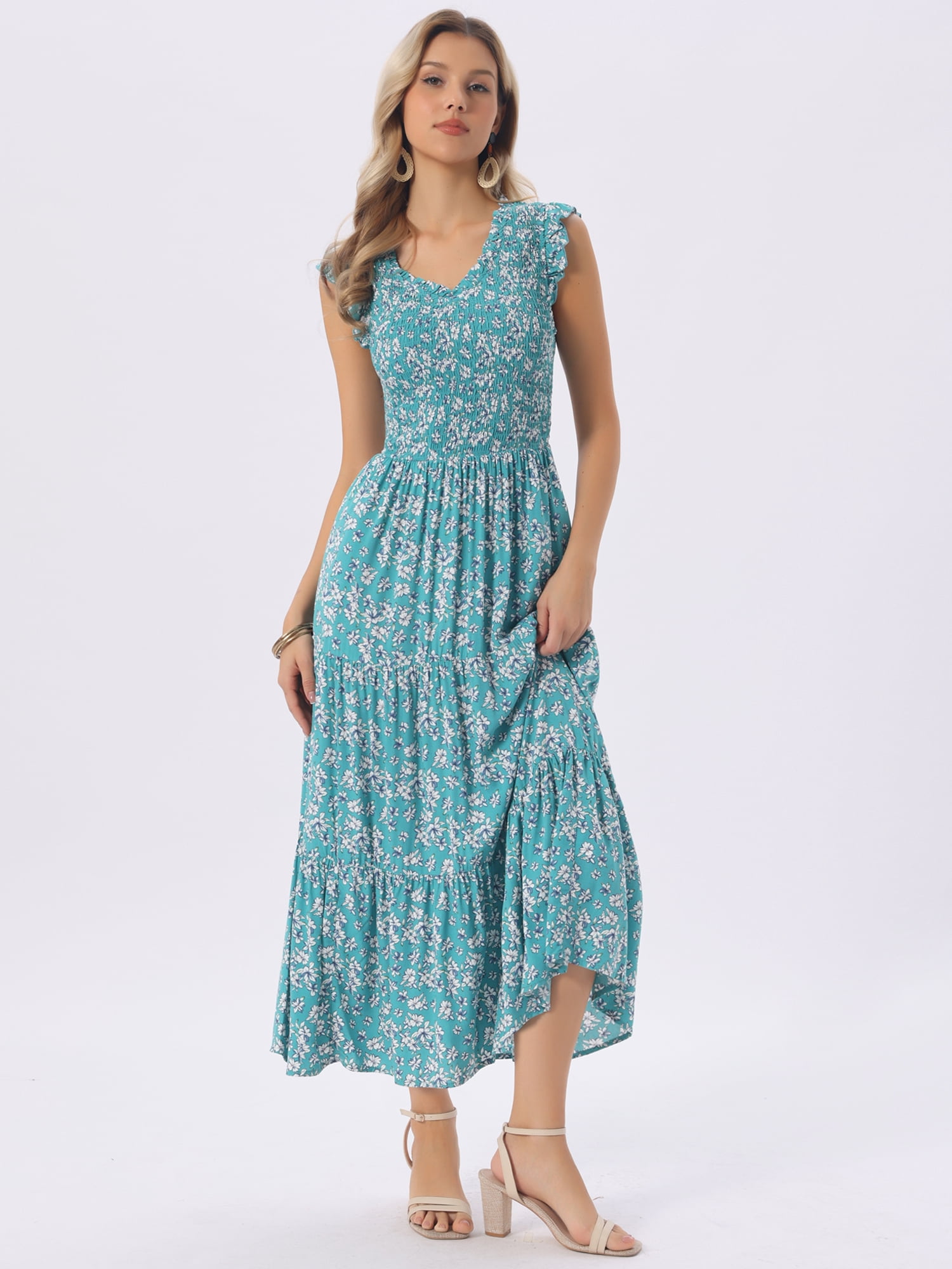 DARING DIVA V Neck Smocked Ruffle Tiered Maxi Dress Medium Green