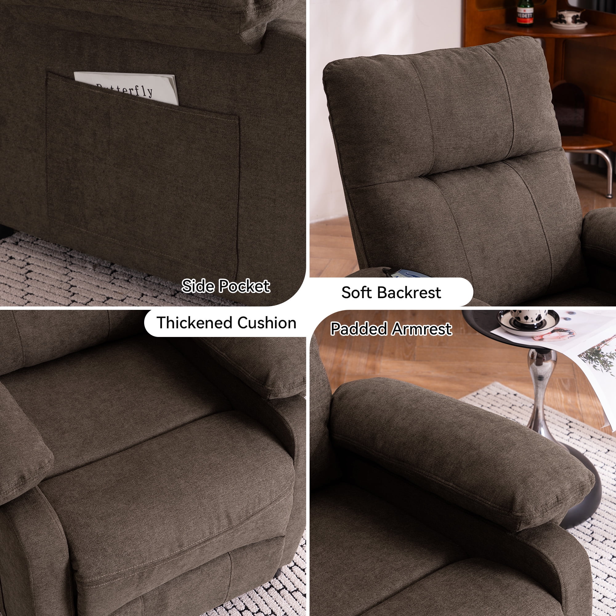 NEW Recliner Chair: Manual Push Back Reclining Chair with 8-Point Massage & Heating, Plush Chenille Fabric & Remote Control, Side Storage Pockets for Living Room, Bedroom, Brown