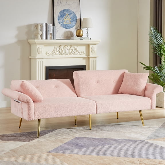 Modern Teddy Upholstered Accent Loveseat Sofa With Side Pocket,Folding Sleeper Sofa Bed With Foldable Armrest , Adjustable Backrest and Golden Metal Legs for Living Room,Dark Blue