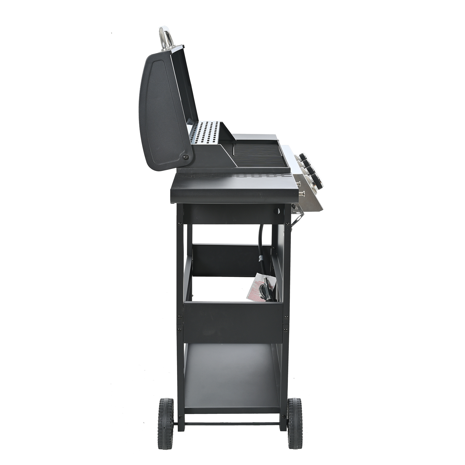 Gas Grill, 4-Burner Propane Gas Grill With 2 Foldable Shelves, Freestanding Grill Cart with Wheels, Side Burner, Lid, Outdoor BBQ Grill for Outdoor Garden Backyard Cooking Barbecue
