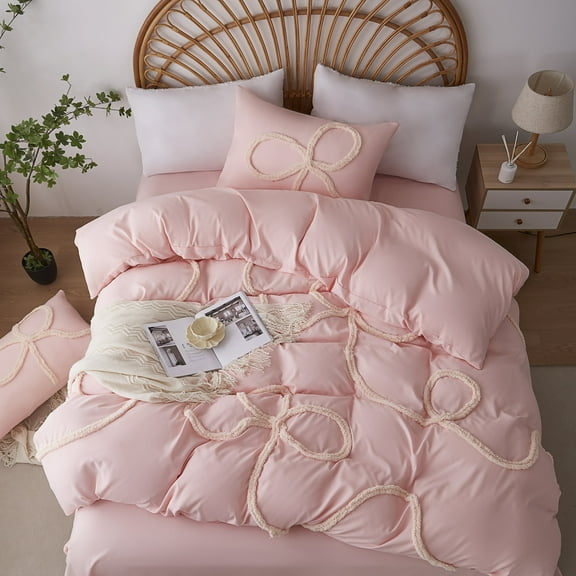 3 Pieces Duvet Covers Set, Boho Tufted Comforter Sets with Zipper Closur, Soft Breathable Floral Bedding Set for All Seasons(Pink,Queen 90"x90")